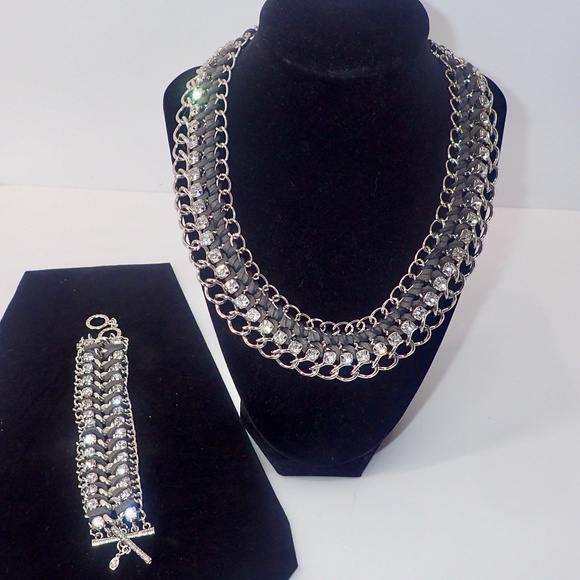 Vtg Black Leather Rhinestone Wide Silver Tone Necklace Bracelet Matching Set - Picture 1 of 12